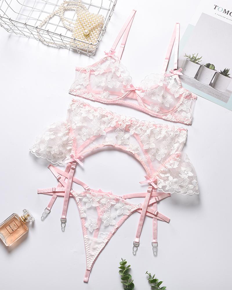 

Sexy See-through Mesh Splicing Floral Embroidery Sling Bra Sets With Garter, Pink