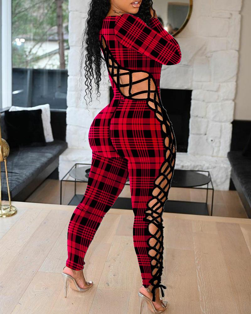 

Plaid Print Lace-up Long Sleeve Jumpsuit, Red
