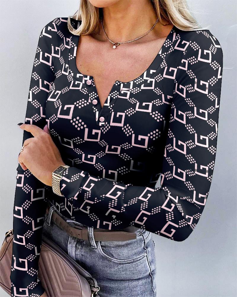 

ChicMe Geo Print Button Front Long Sleeve Top, Black