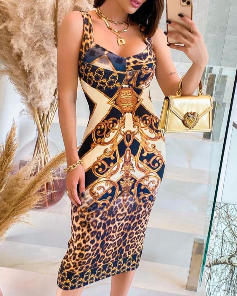 

Cheetah Print Colorblock Midi Dress Sleeveless Thick Strap Slim Bodycon Dress, Yellow
