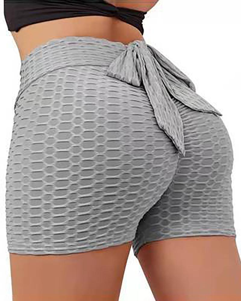 

Butt Lifting Bowknot Decor Bubble Textured Yoga Shorts, Gray