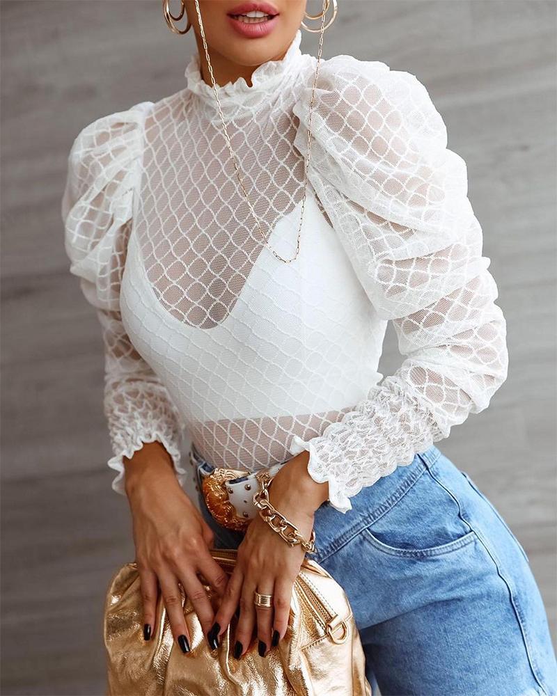 

Fishnet Frill Hem Shirred Puff Sleeve Top, White