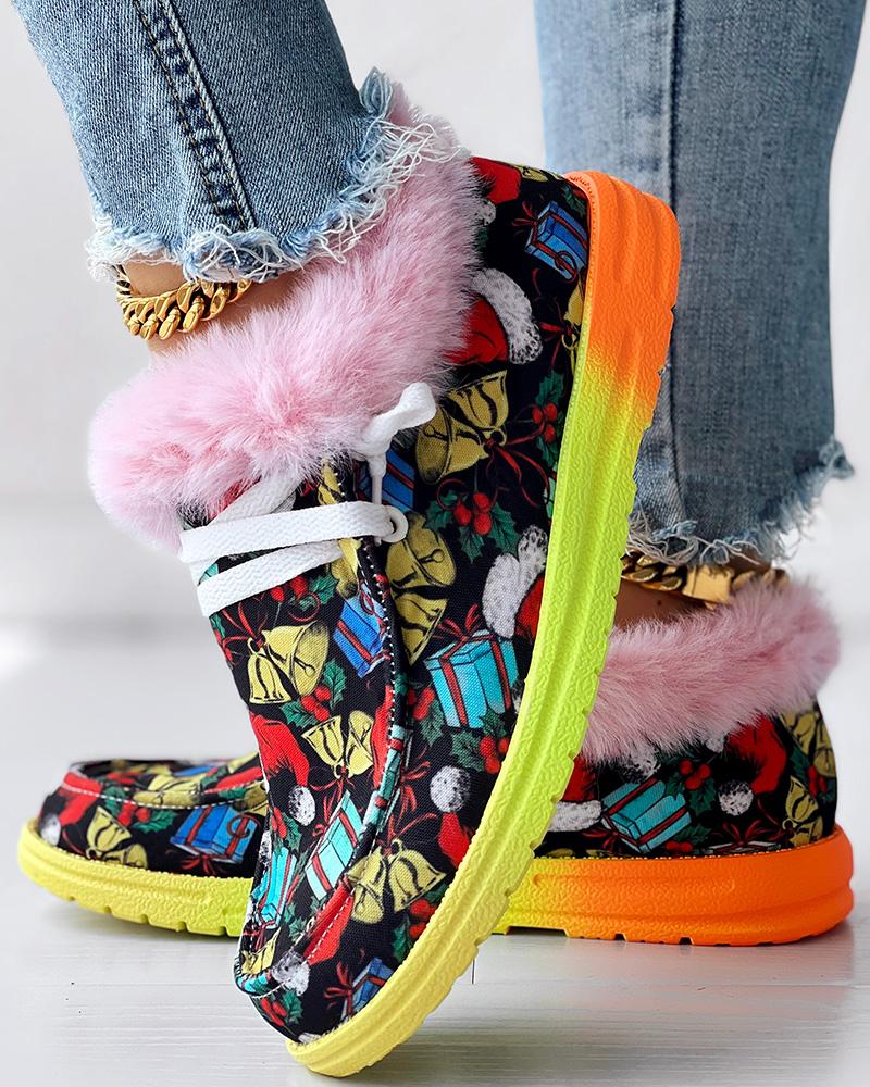 

Christmas Gingle Bell Gift Graphic Print Fuzzy Detail Lined Ankle Boots, Multicolor