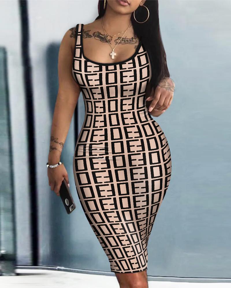 

Geometric Print U-Neck Sleeveless Bodycon Dress, Black