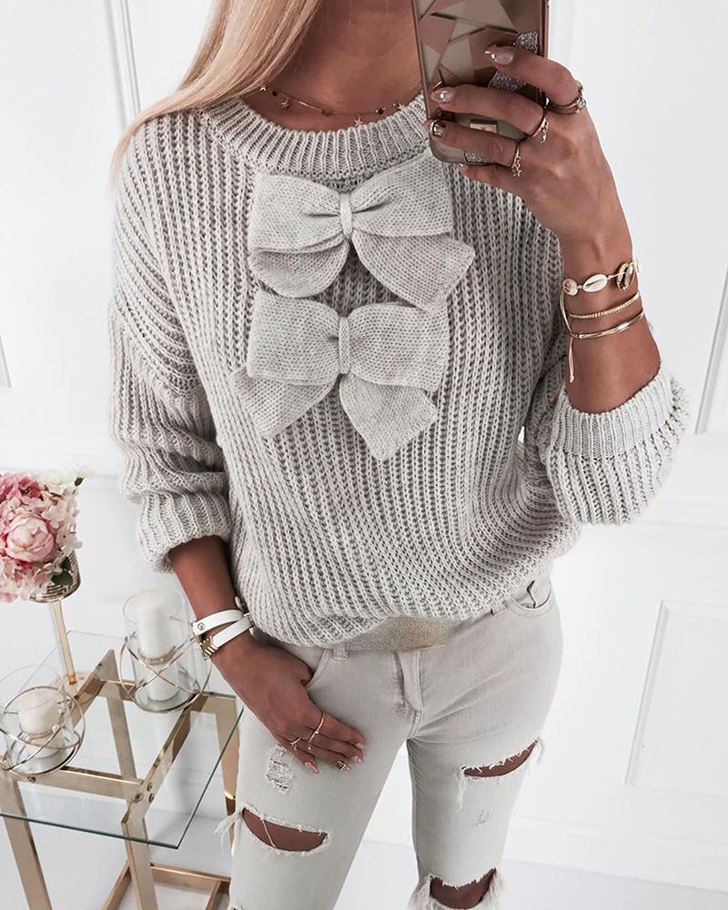 

Bowknot Decor Knit Long Sleeve Sweater, Gray