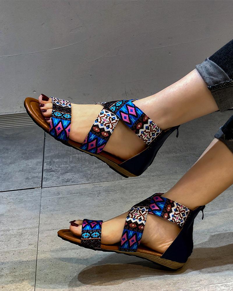 

Retro Patterns Band Patchwork Open-toe Flat Sandals, Blue