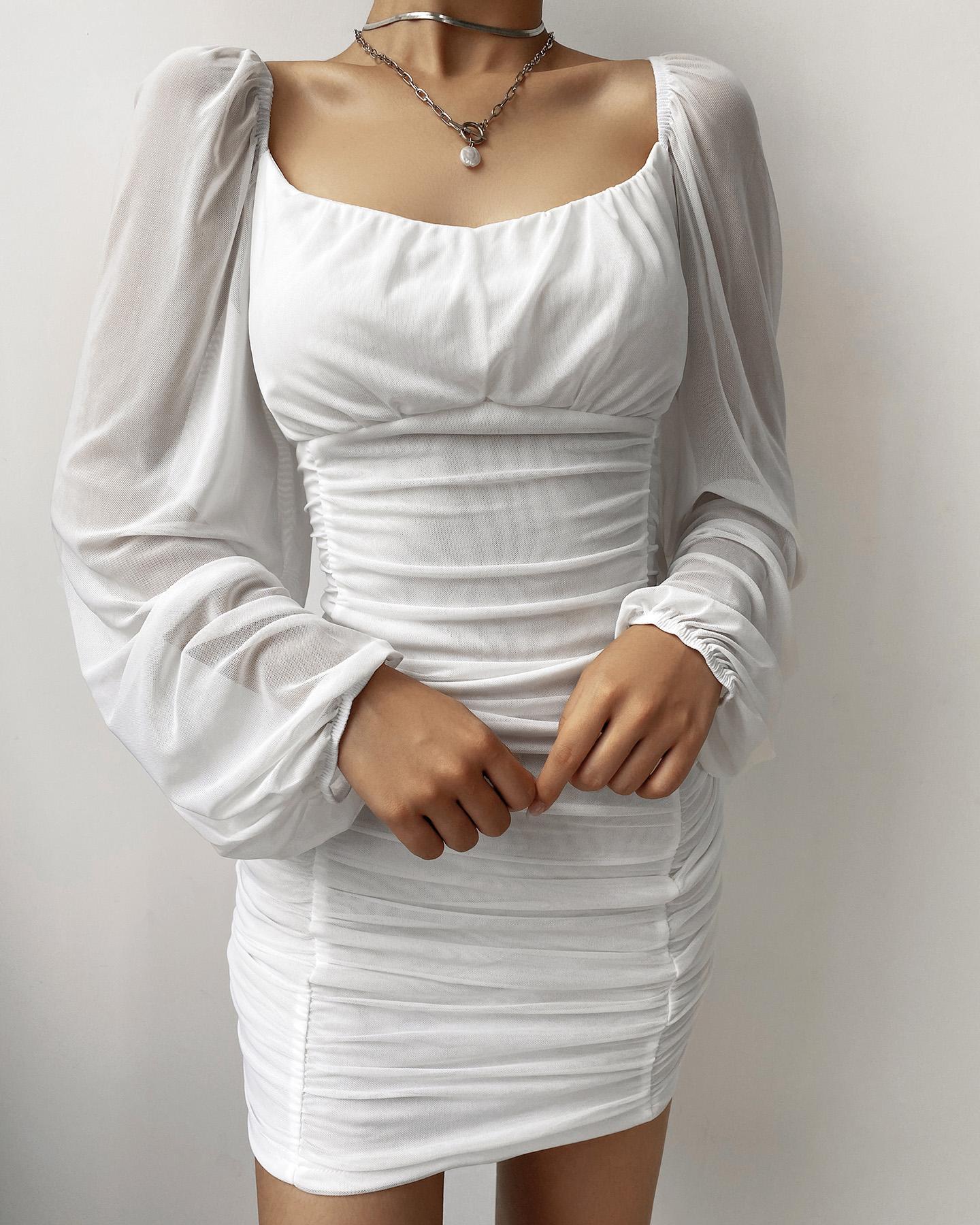 

Lantern Sleeve Ruched Square Neck Bodycon Dress, White