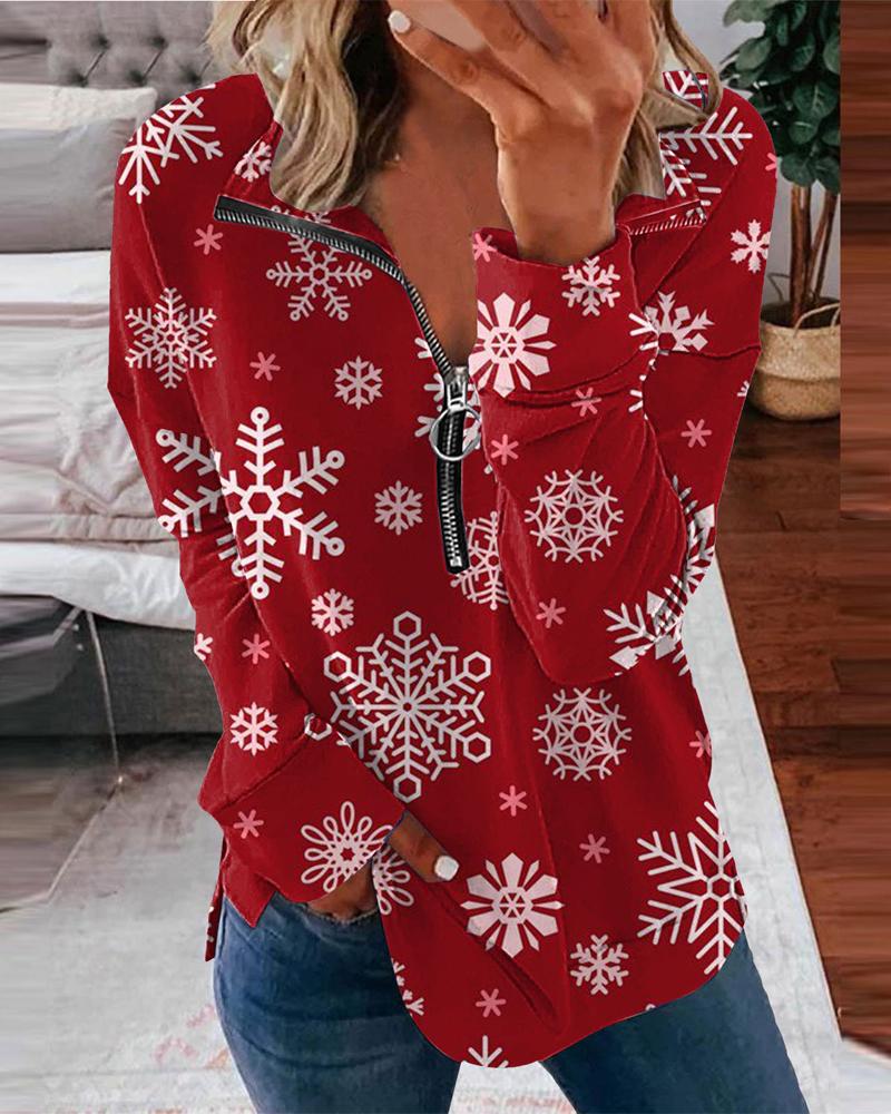 

Christmas Snowflake Print Zip Detail Casual Top, Red