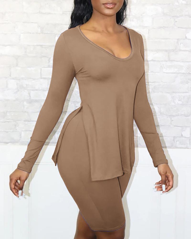 

Long Sleeve Slit Top & High Waist Shorts Set, Khaki