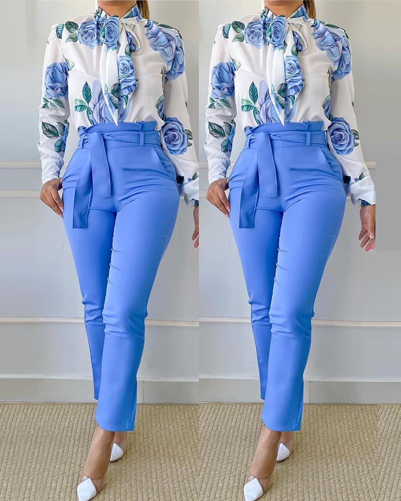 

Floral Print Tie Neck Top & Pants Set, Sky blue