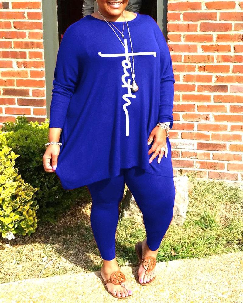 

Plus Size Letter Print Long Sleeve Top & Pants Set, Blue