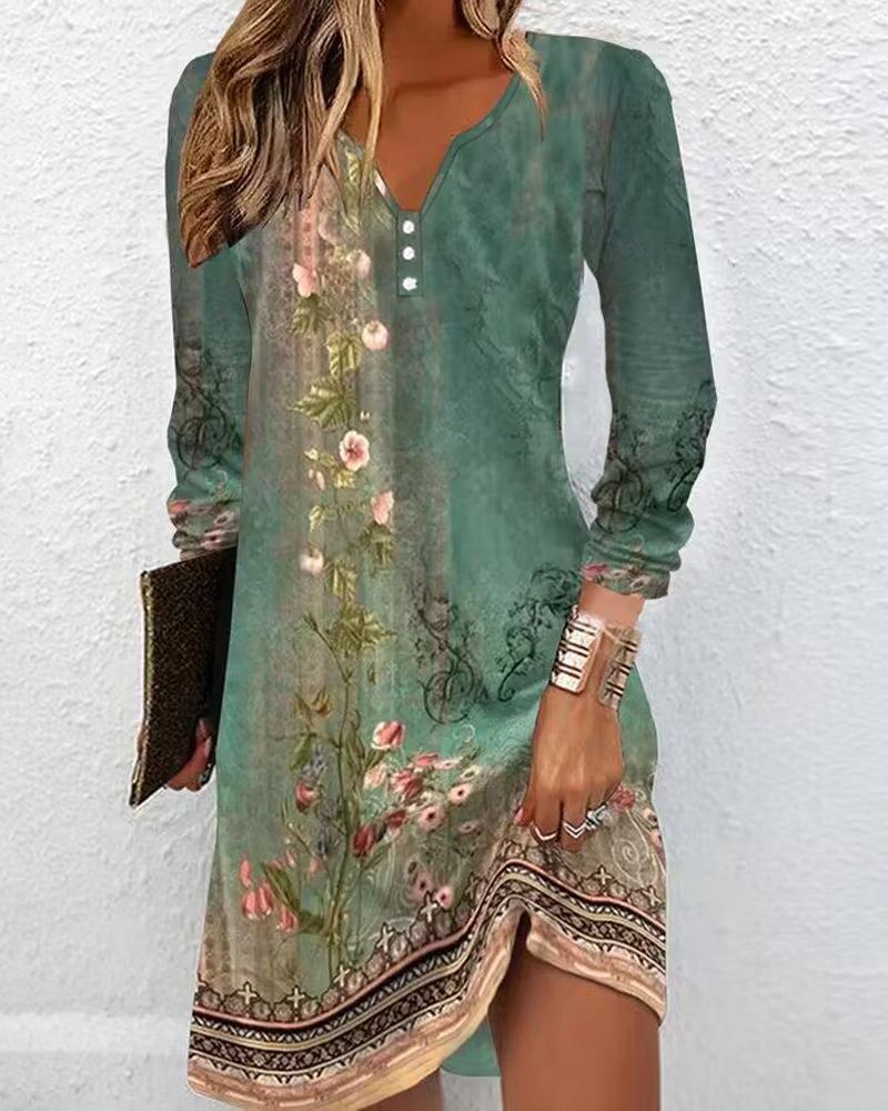 

Floral Tribal Print Notch Neck Buttoned Casual Dress, Green