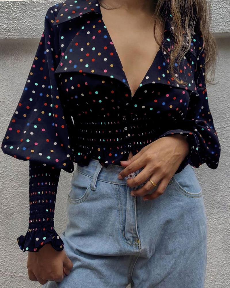 

Polkadot Print Lantern Sleeve Shirred Top, Purplish blue