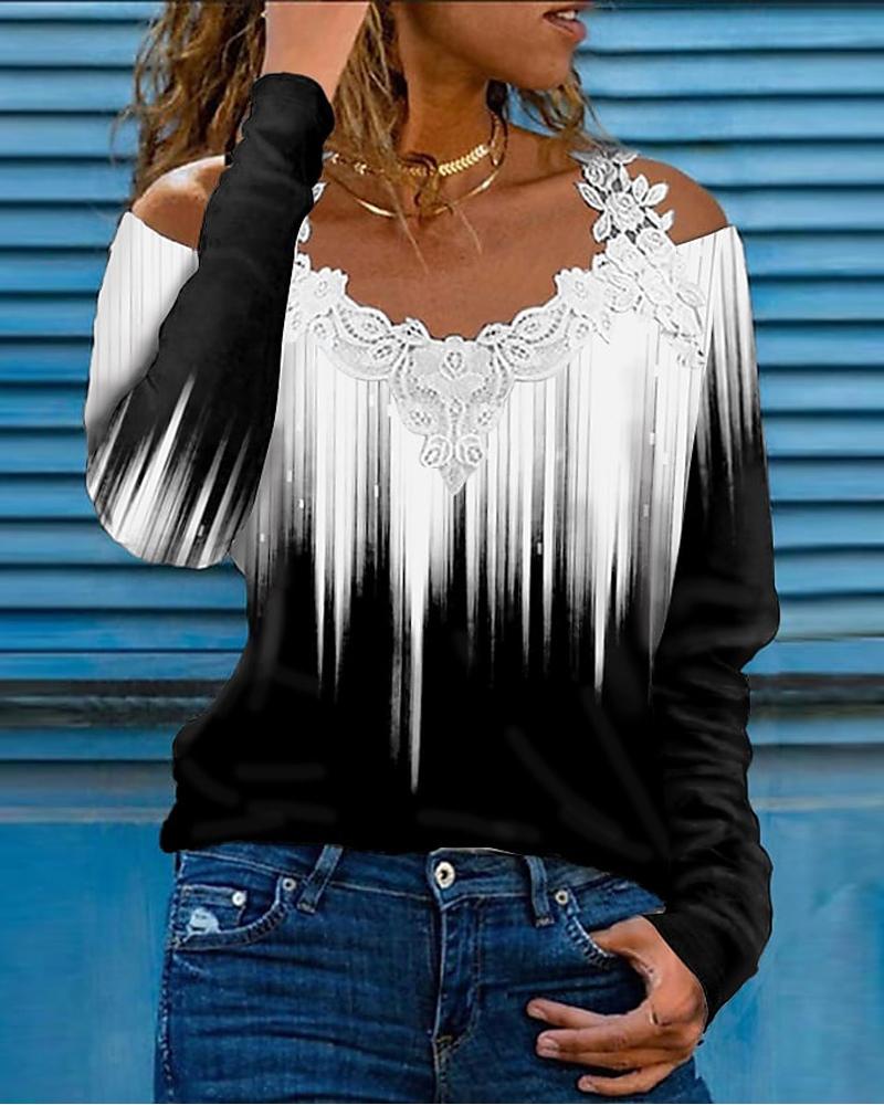 Ombre Print Contrast Lace Cold Shoulder Top