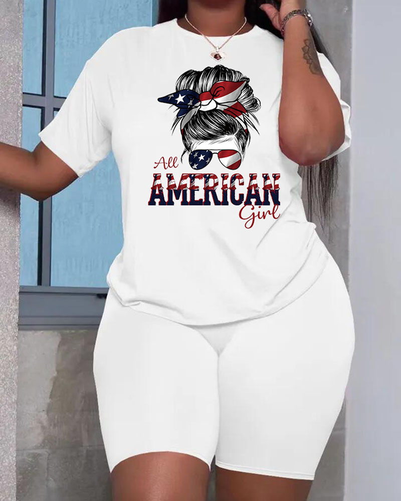 

Independence Day Flag Letter Print Casual Top & Shorts Set, White