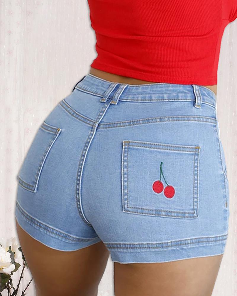 

Cherry Embroidery Pocket Design Denim Shorts, Blue