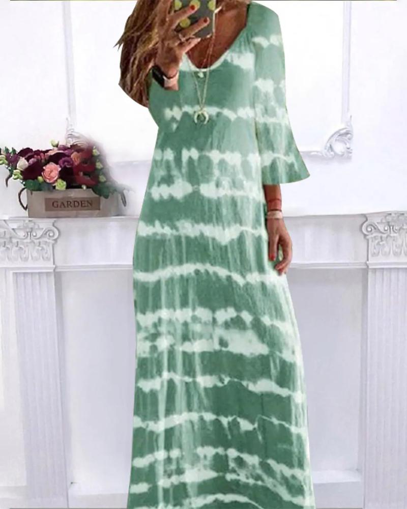 

Tie Dye Print V-Neck Casual Dress, Green