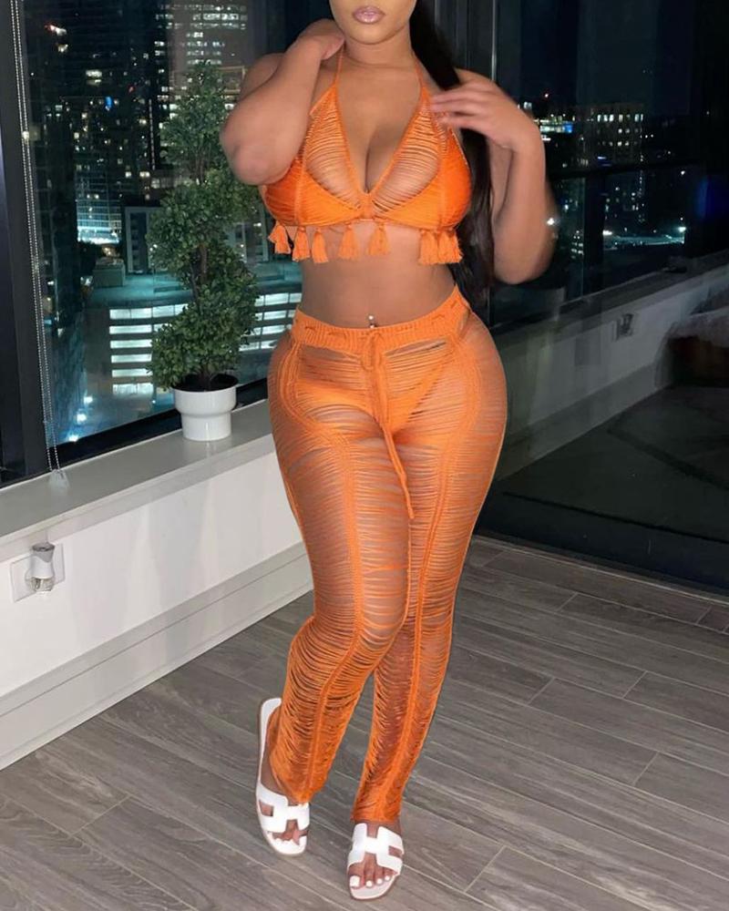 

3PCS Cutout Tassel Detail Crochet Bikini Set With Cover Up, Orange
