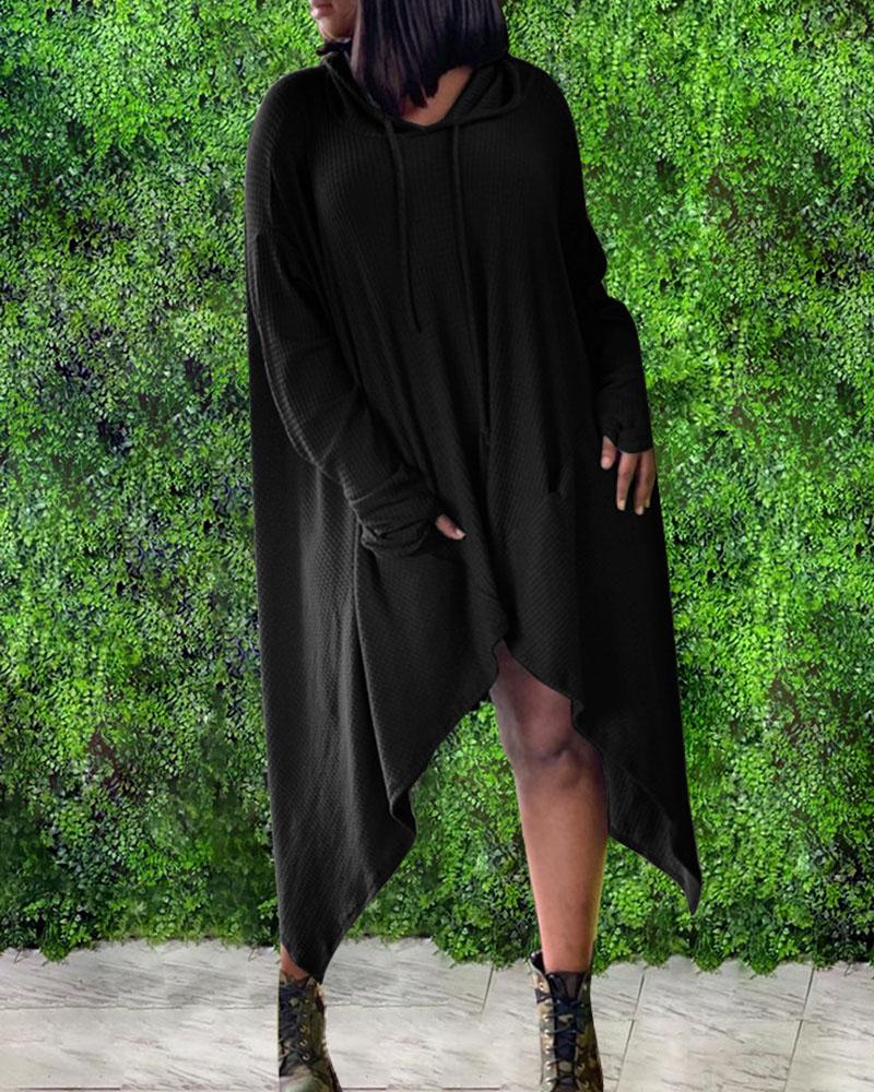 

Long Sleeve Pocket Design Asymmetrical Hooded Casual Dress, Black