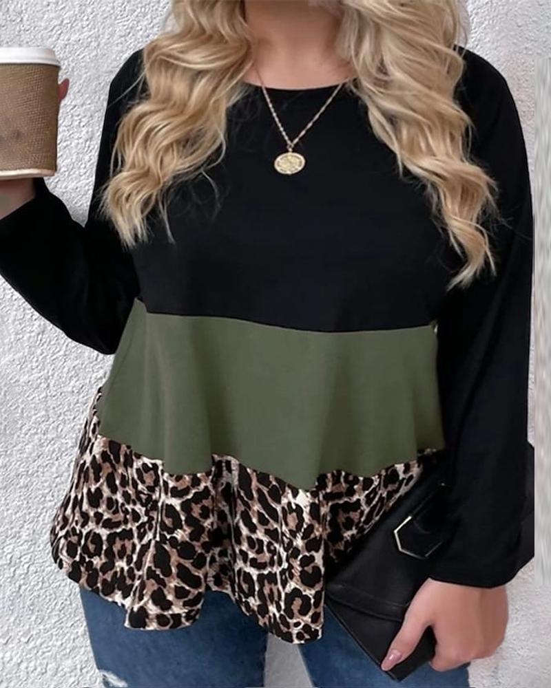 

Plus Size Contrast Leopard Colorblock Long Sleeve Top, Green