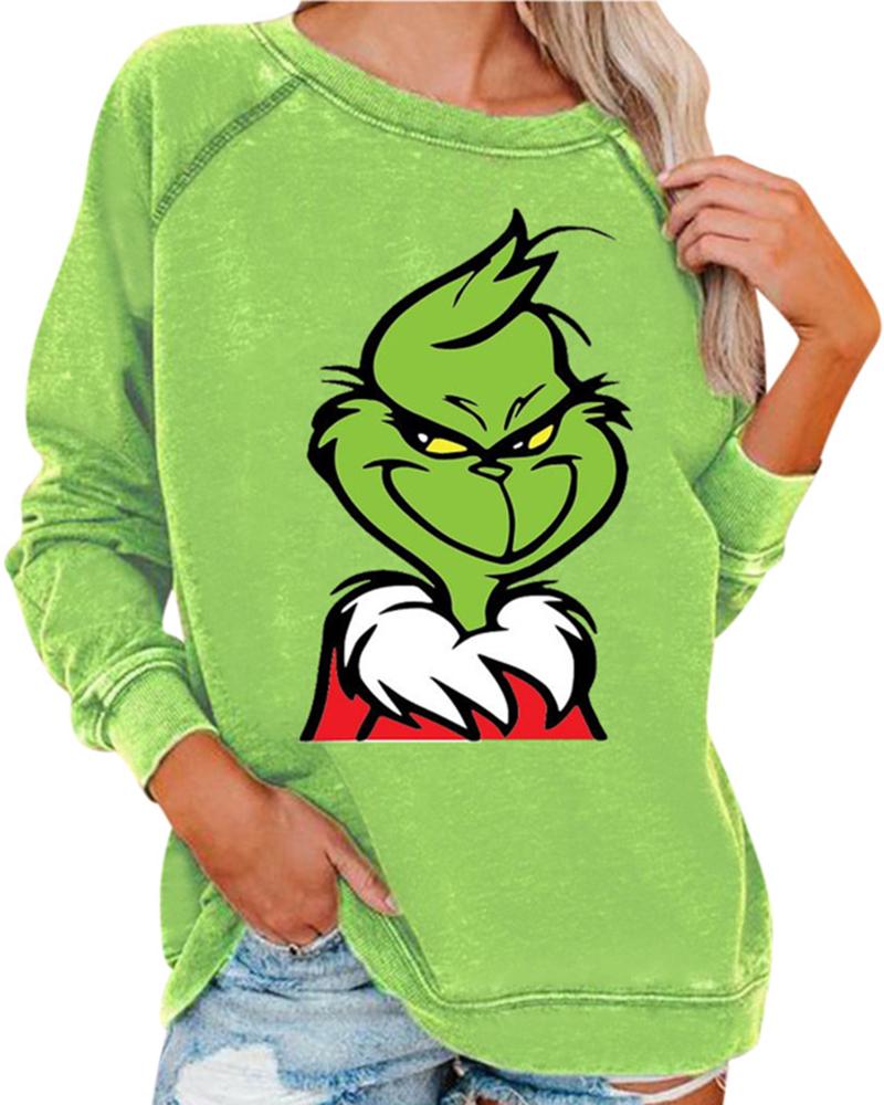 

Christmas Round Neck Graphic Print Sweatshirt, Green