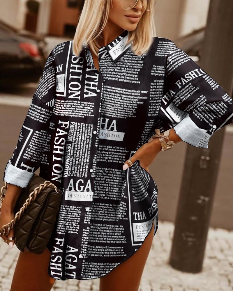 

Newspaper Print Roll Tab Sleeve Button Up Shirt Casual Turn-down Collar Long Sleeve Blouse, Black