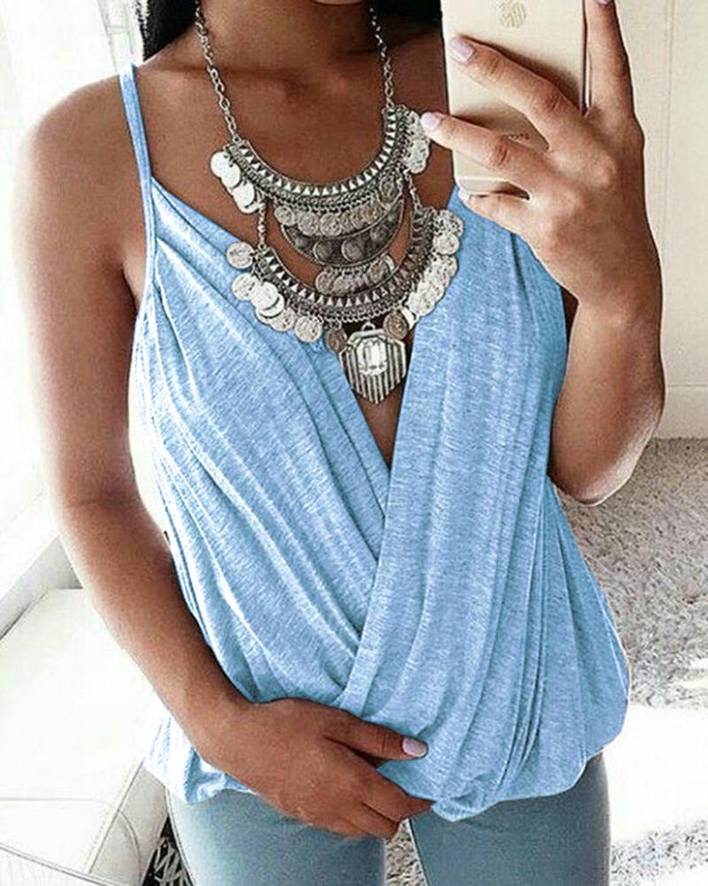 

Ruched Spaghetti Strap Wrap Tank Top, Lighted blue