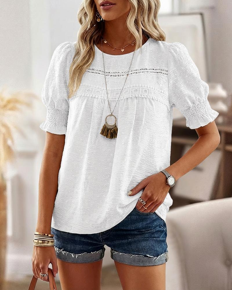 

Puff Sleeve Hollow-out Lace Spliced 3D Jacquard Blouse Casual Shirred Cuffs Loose Fit Top, White