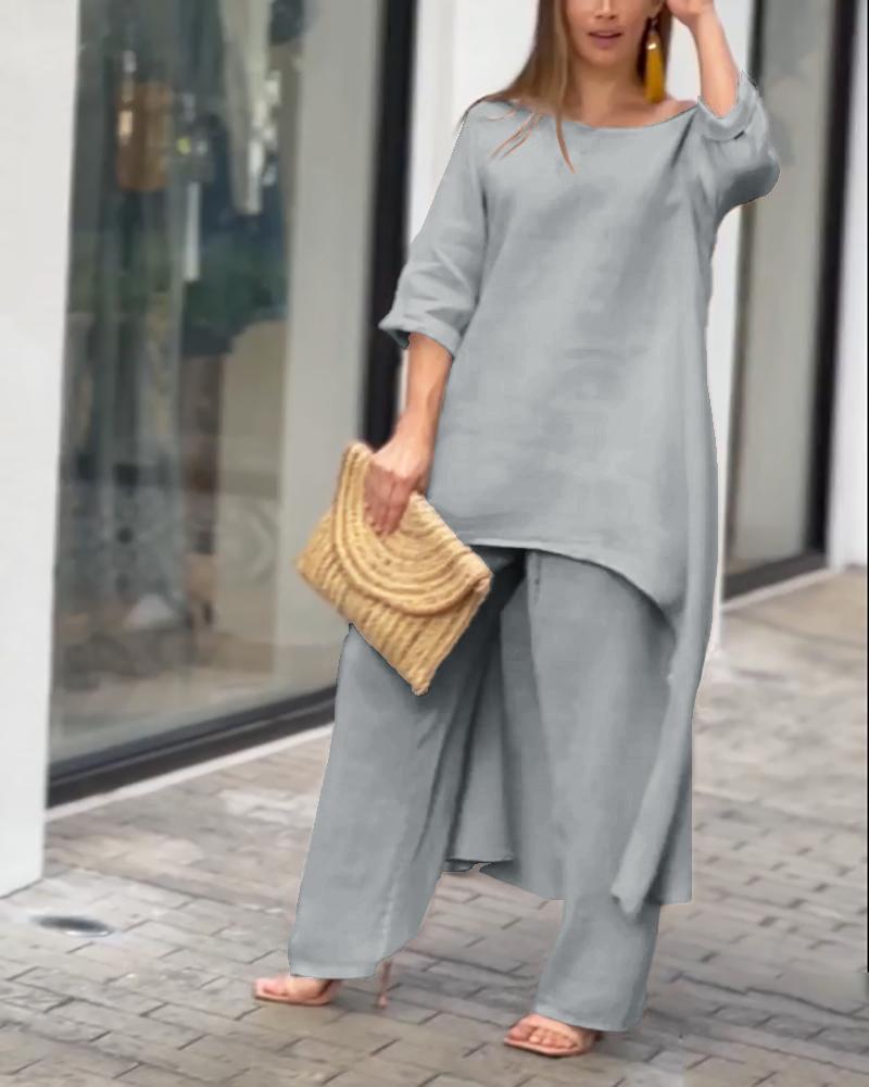 

One Shoulder Asymmetrical Top & Casual Pants Set, Gray