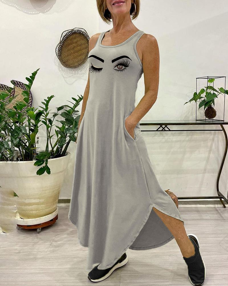 

Eyes Print U-Neck Pocket Design Tank Dress, Gray