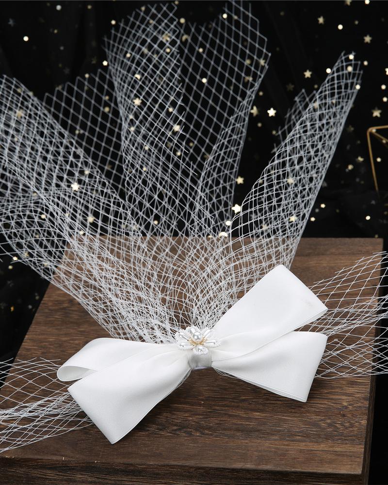 

Bridal Hair Bow Veil Pearls Hair Clip Wedding Veil Bride Hair Accessories Bridesmaid Party Decoration, White