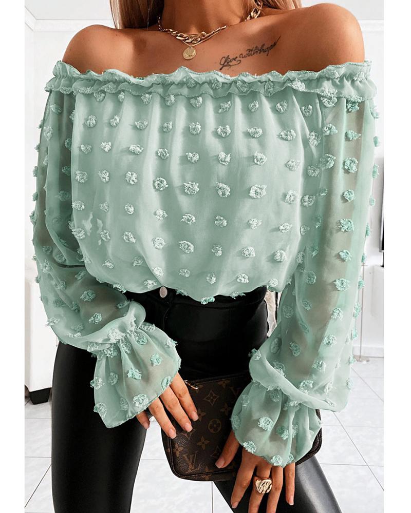 

Off Shoulder Mesh Long Sleeve Blouse, Green
