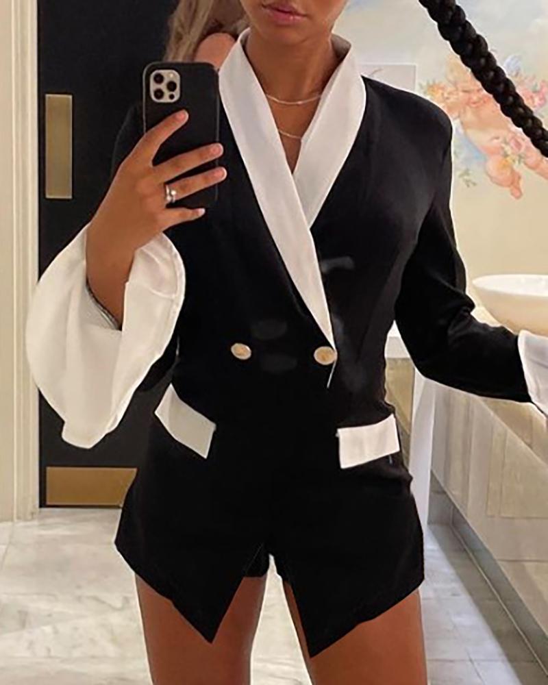 

Double Breasted Bell Sleeve Colorblock Blazer Coat, Black
