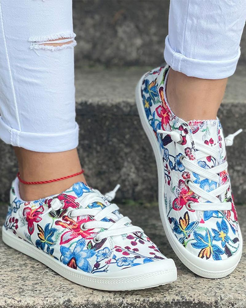 

Floral Print Lace-up Casual Canvas Sneakers, Multicolor