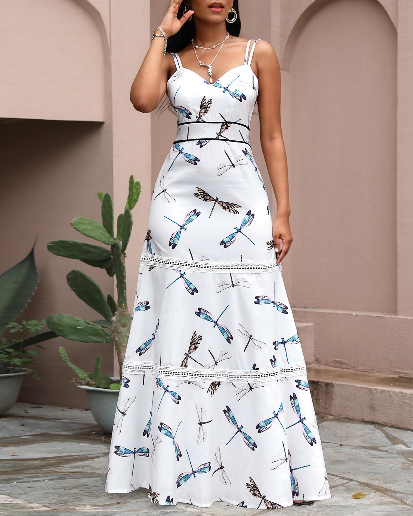 

Print V Neck Spaghetti Strap Dress, White