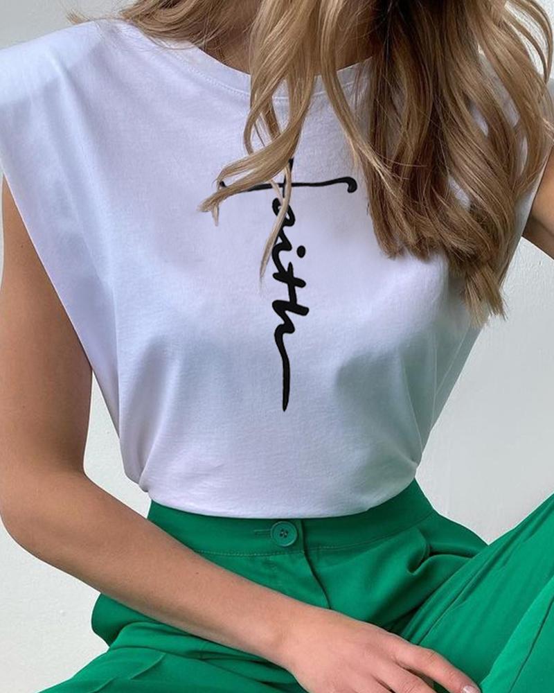 

Slogan Print Padded Shoulder Casual Top, White