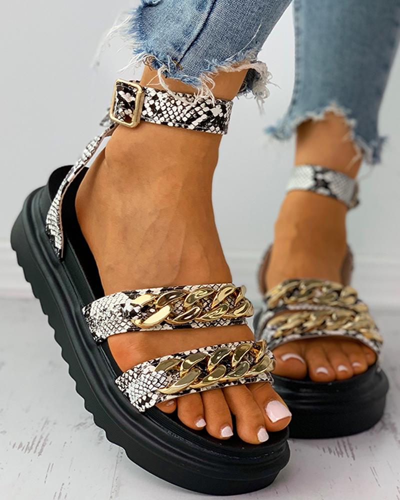 

Plain / Snakeskin Print Chain Decor Ankle Strap Muffin Sandals