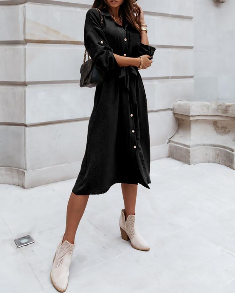 

Long Sleeve Button Design Tied Detail Shirt Dress, Black