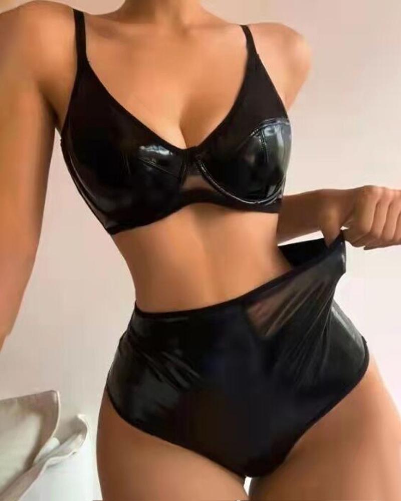 

PU Leather High Waist Lingerie Set, Black