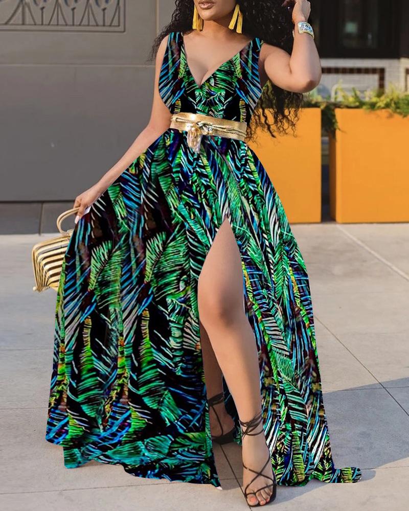 

Tropical Print High Slit Sleeveless Maxi Dress, Green