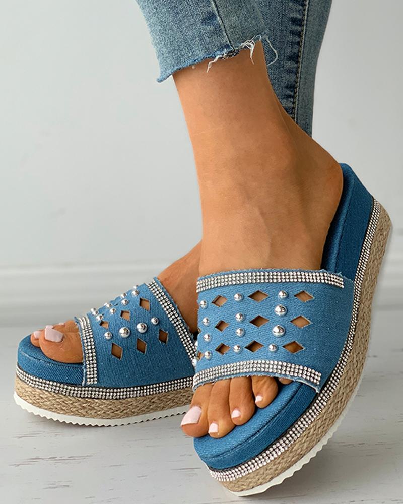 

Studded Rhinestone Decor Cutout Denim Espadrille Slippers, Blue