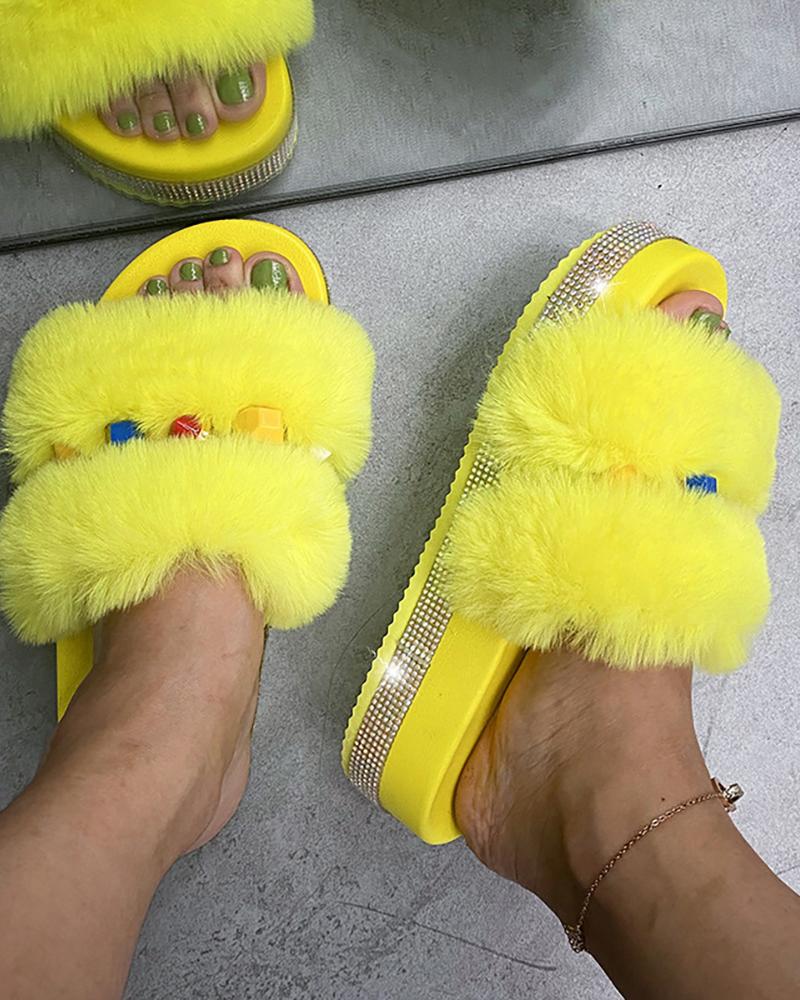 

Rhinestone Decor Studded Platform Fluffy Slipper, Yellow