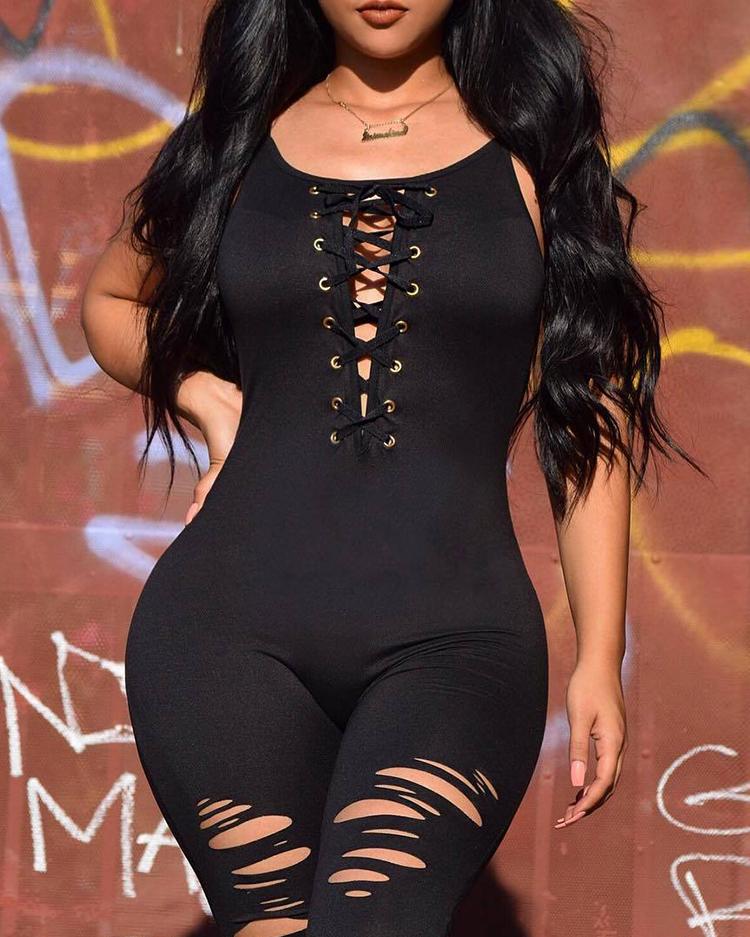

Eyelet Lace Up Cut Out Details Skinny Jumpsuits, Black