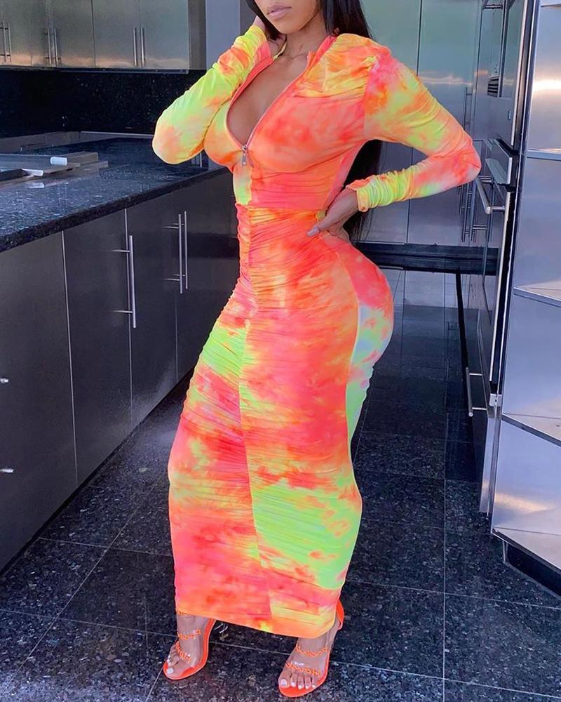 

Tie Dye Print Zipper Design Ruched Skinny Maxi Dress, Orange