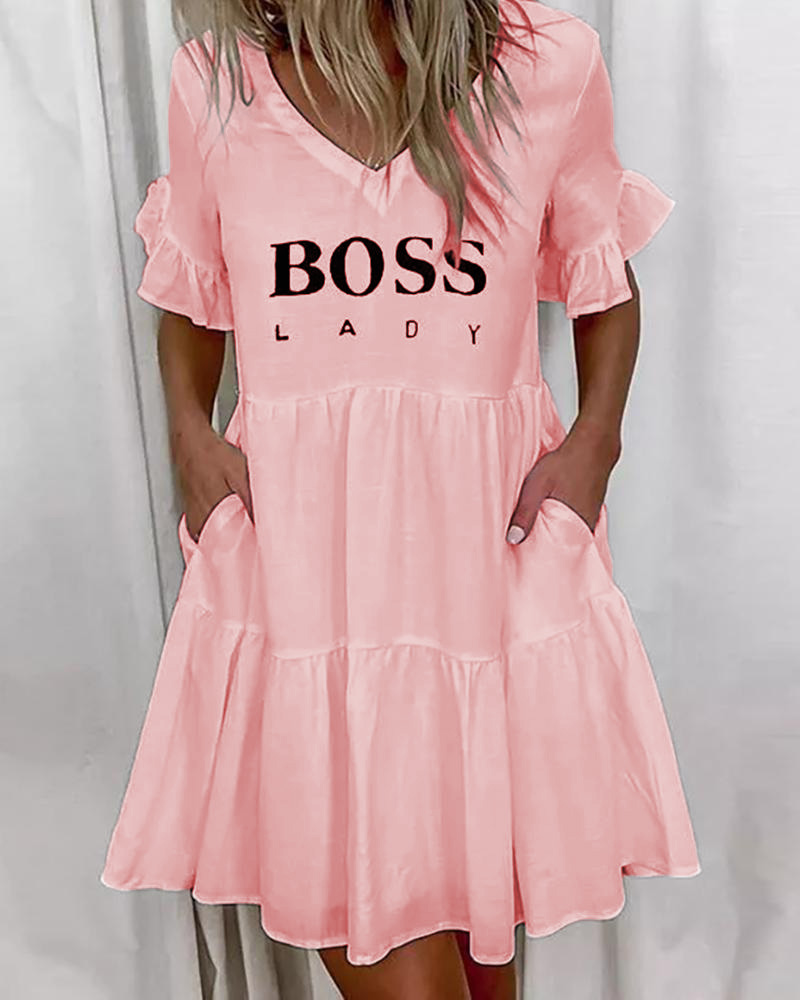 

Letter Print Bell Sleeve Ruffles Casual Dress, Pink