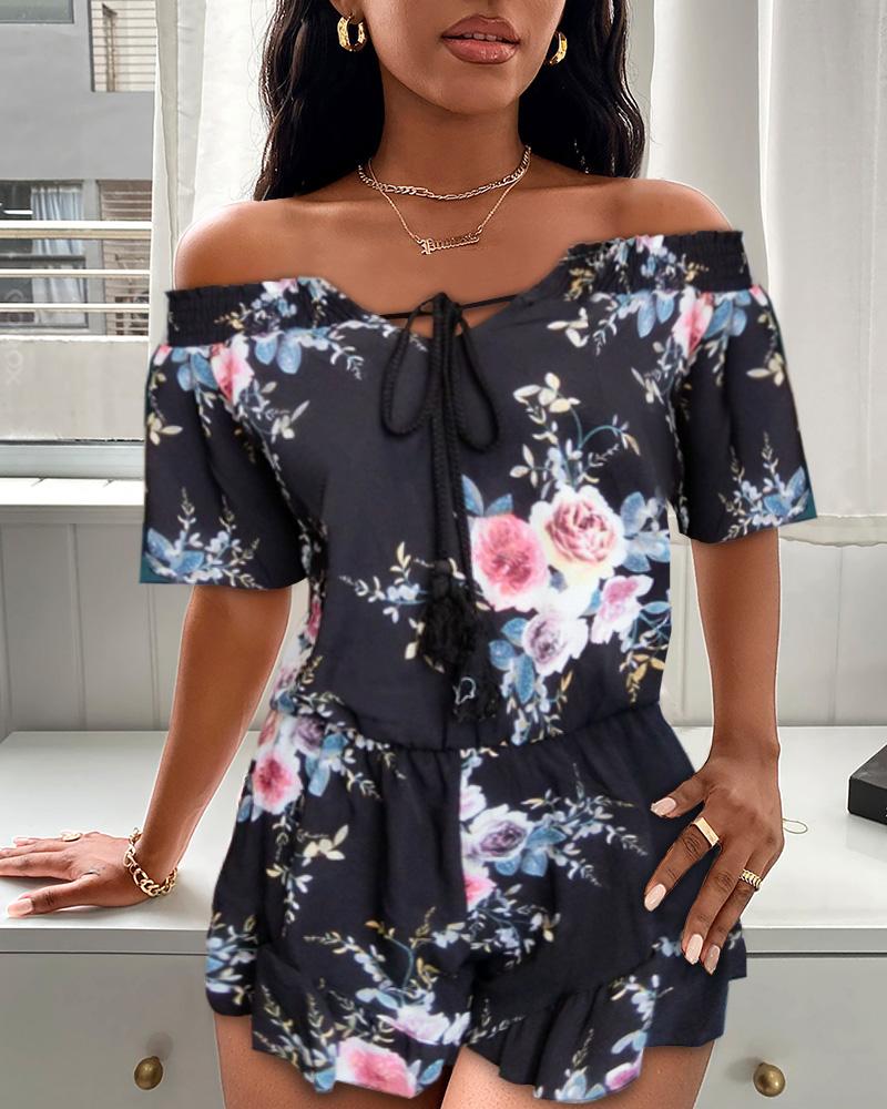 

Floral Print Short Sleeve Loose Rompers, Black
