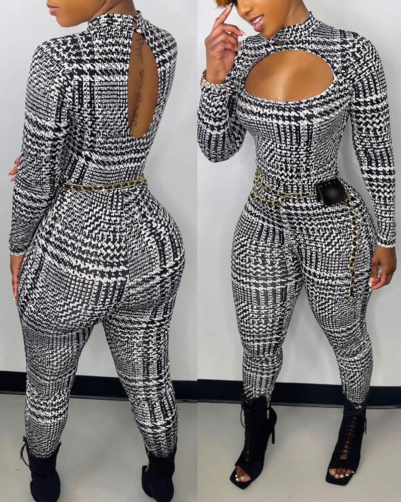 

All Over Print Cutout Long Sleeve Skinny Jumpsuit, Blackwhite