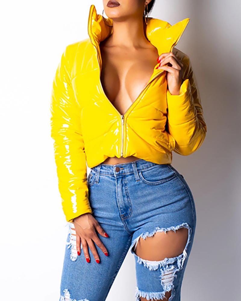 

Solid Stand Collar Zipper Design PU Coat, Yellow