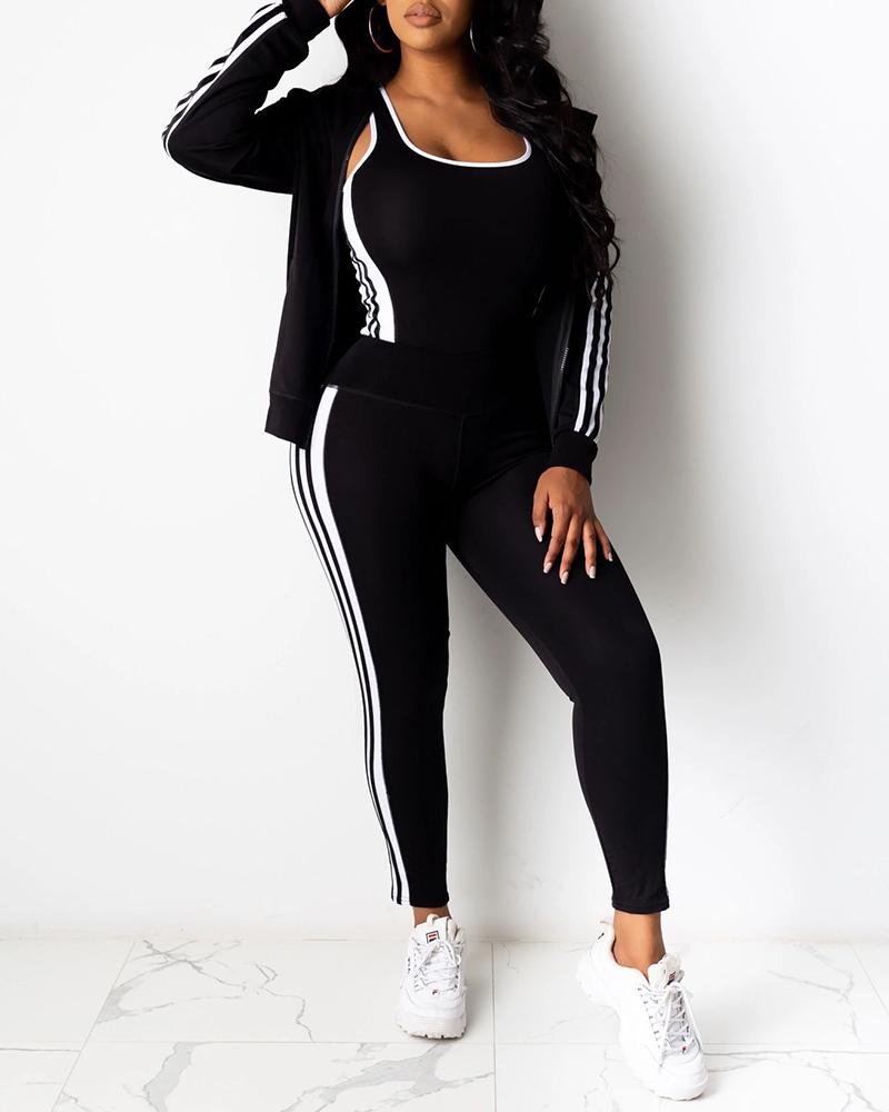 

Contrast Binding Top & Striped Tape Pants & Hooded Coat Set, Black