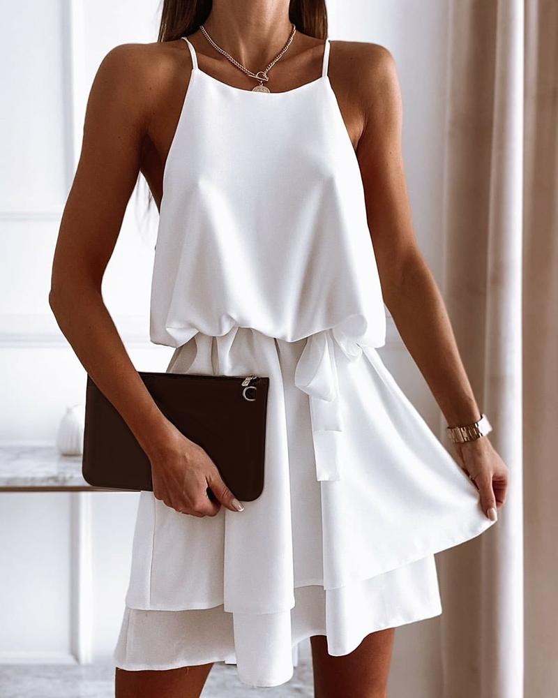 

Tied Detail Layered Ruffle Hem Sleeveless Dress, White